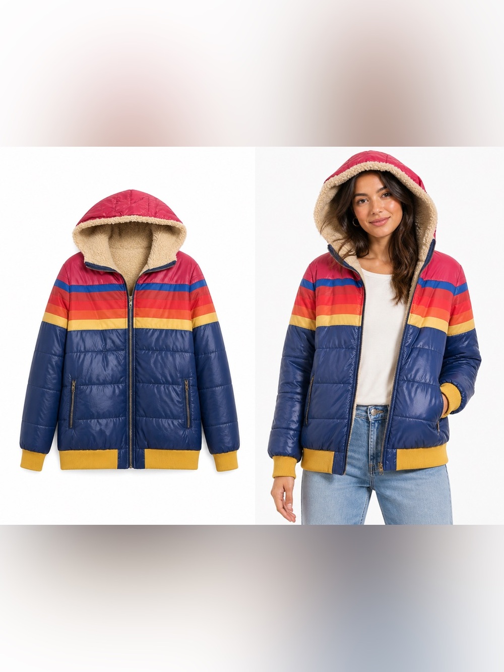 Colorblock Sherpa-Lined Hooded Puffer Jacket - Navy/Red/Yellow